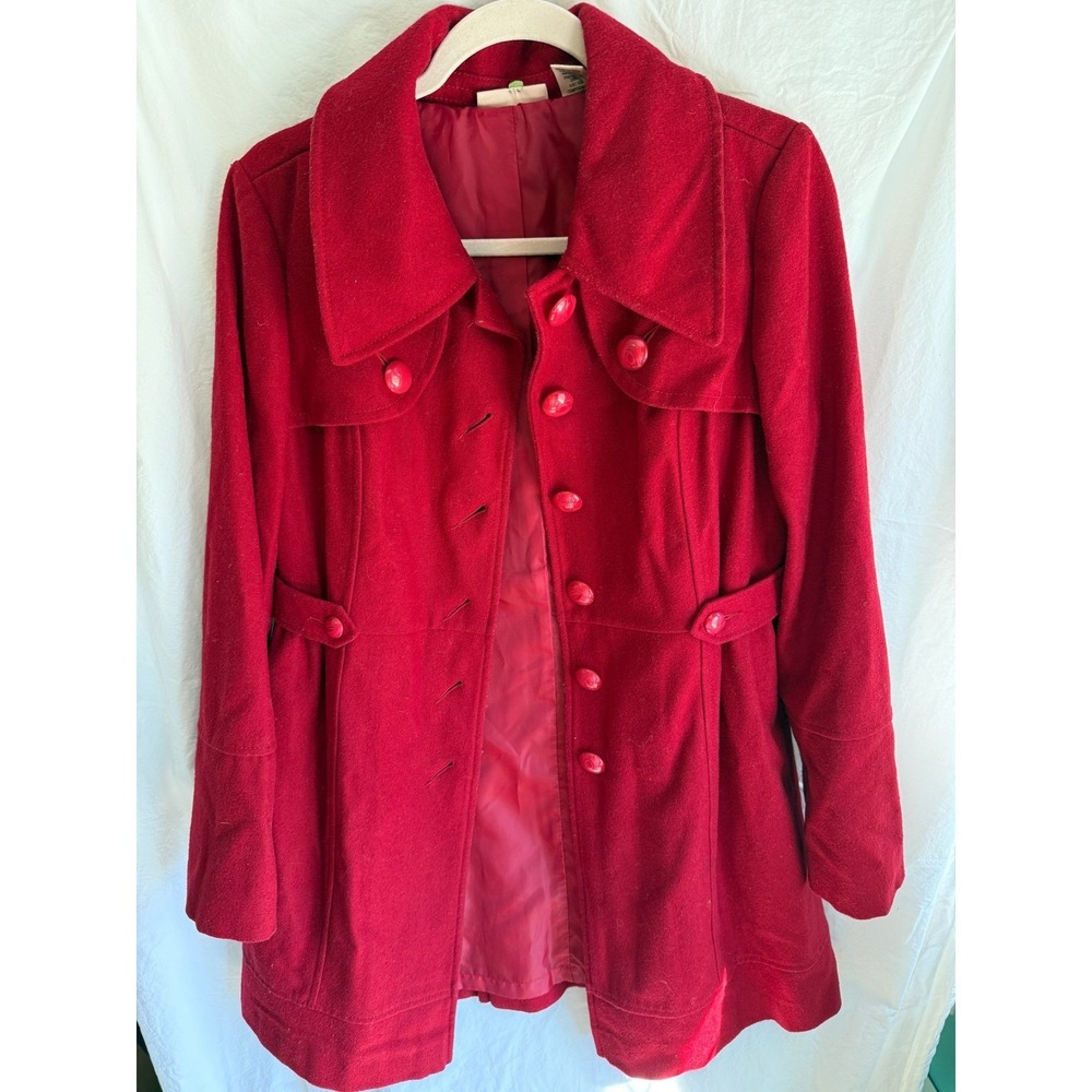 DKNY Jeans Womens Red Wool Blend Trench Coat Oversized Collar Button‎ Front Sz M